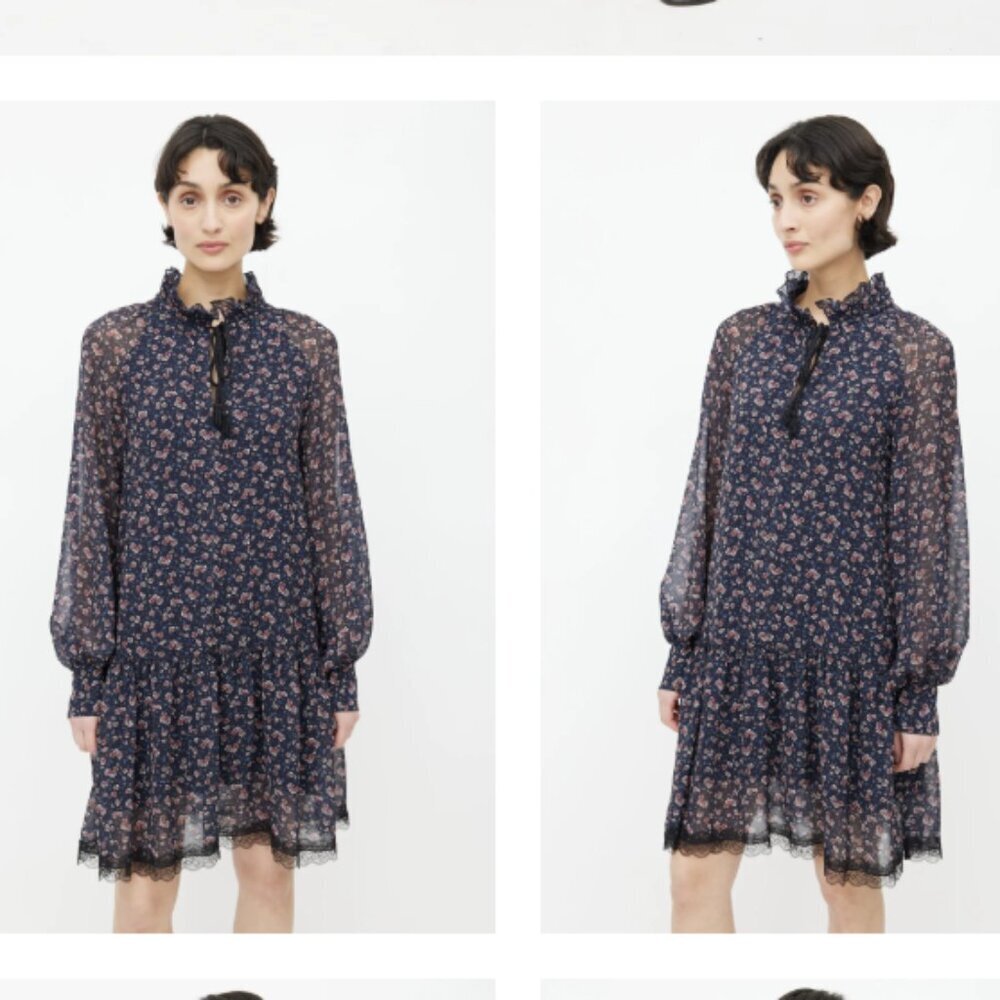 See By Chloé size FR‎ 40 Navy & Pink Floral Lace Boho Relaxed Chiffon Dress